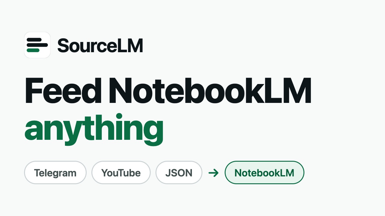 The source-lm demo: a Telegram export turning into Markdown sources inside a NotebookLM notebook.