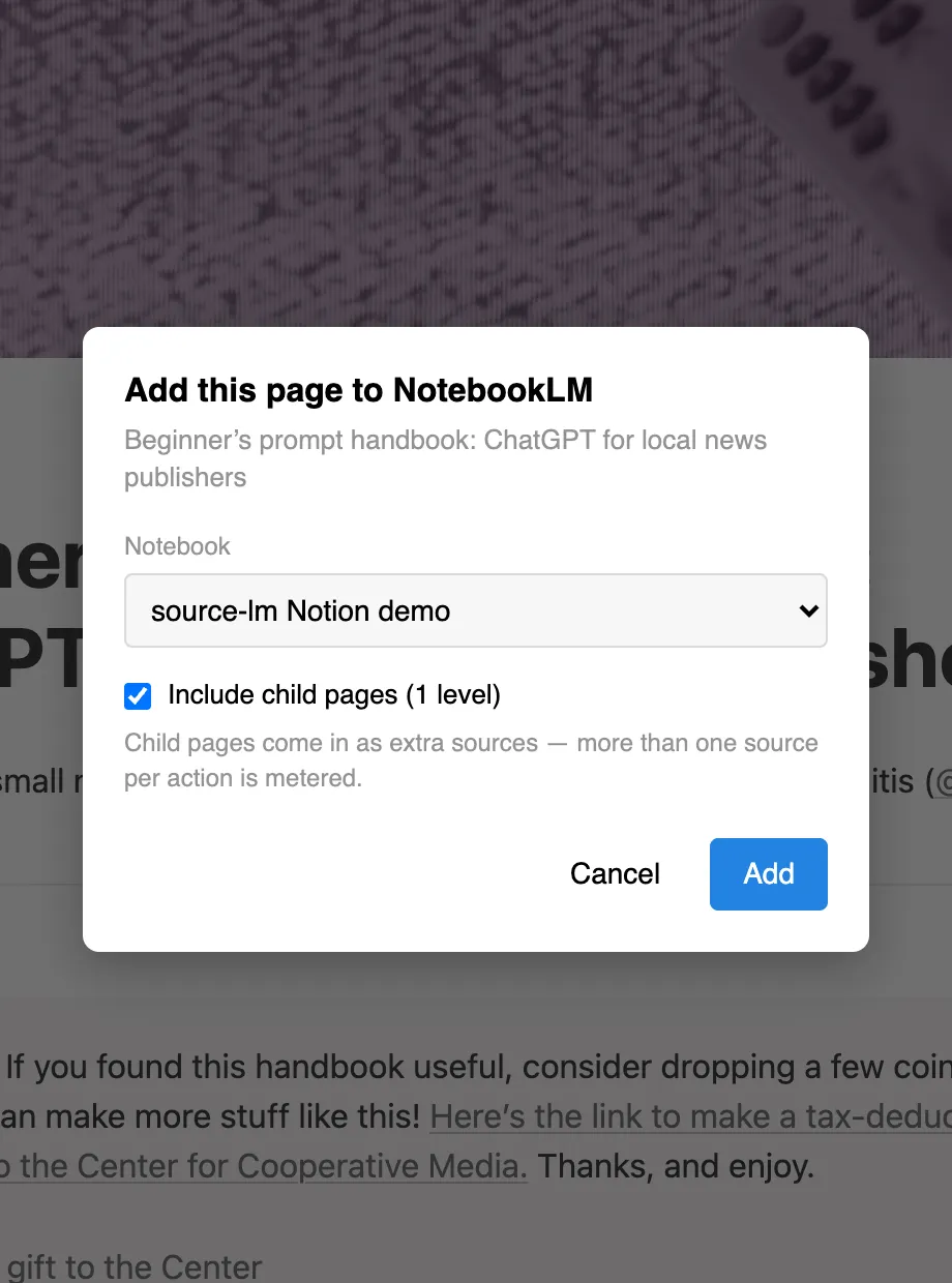 The source-lm dialog open over a Notion page: heading “Add this page to NotebookLM”, the page title beneath it, a Notebook dropdown, and a ticked “Include child pages (1 level)” checkbox above the Cancel and Add buttons.