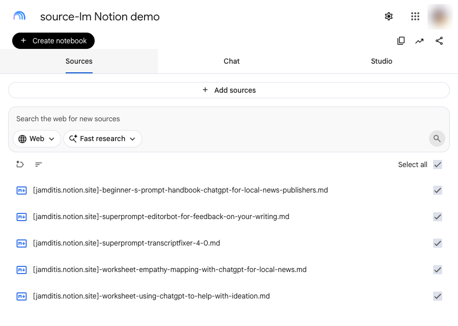 The NotebookLM Sources panel after the import: five Markdown sources named after the Notion handbook and its four child pages, each prefixed with the site's host.
