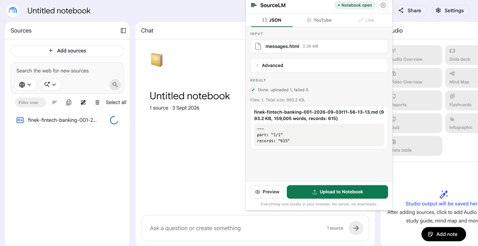 The source-lm popup over a fresh notebook after the run: INPUT messages.html 2.39 MB, RESULT Done: uploaded 1, failed 0, Files: 1, Total size: 993.2 KB, one file card finek-fintech-banking-001-2026-09-03t11-56-13-13.md with 159,005 words and 615 records; the same file appearing in the notebook’s Sources panel on the left.