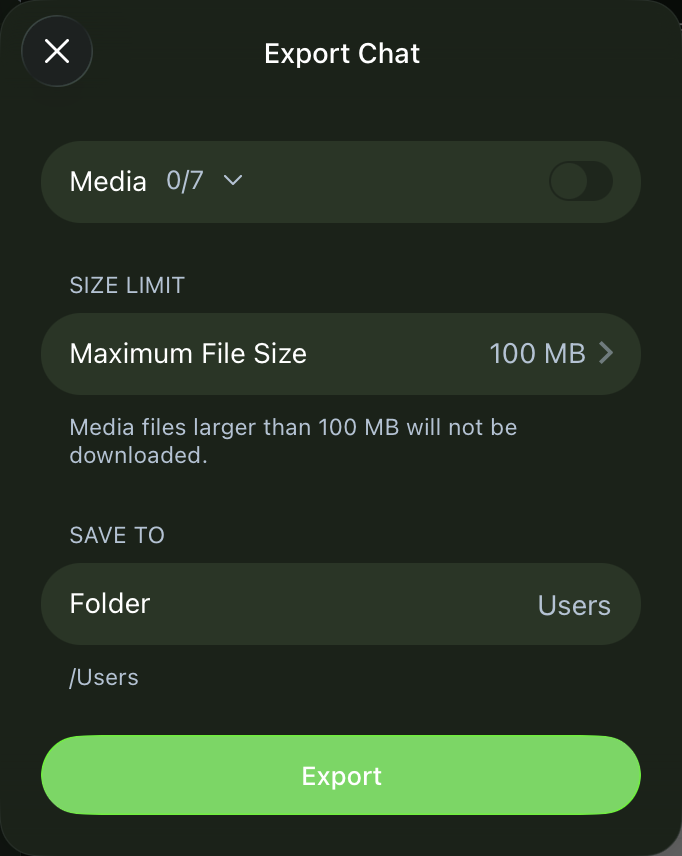 The Export Chat dialog in Telegram for macOS: a Media toggle set to 0/7 and off, a 100 MB maximum file size, a folder to save to, and the Export button.
