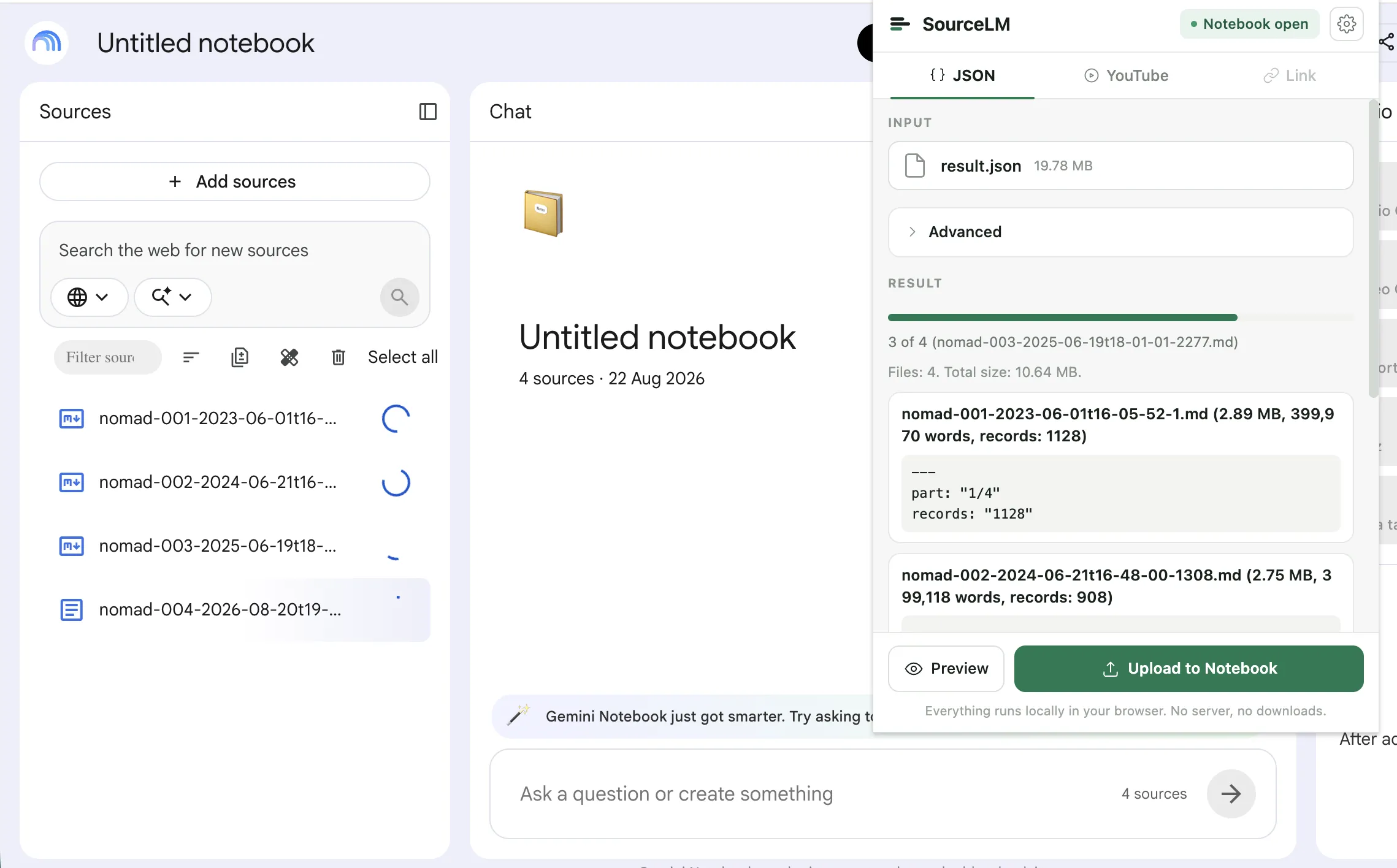 NotebookLM with the nomad-*.md files landing in the Sources panel and the source-lm popup over it mid-upload: 3 of 4, Files: 4, Total size: 10.64 MB.